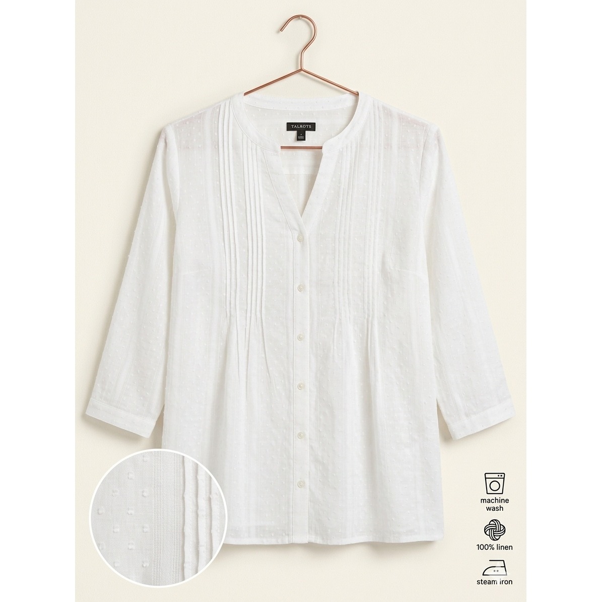 Talbots Blouse Women M White Linen Swiss Dot Pintuck Button Front 3/4 Sleeve